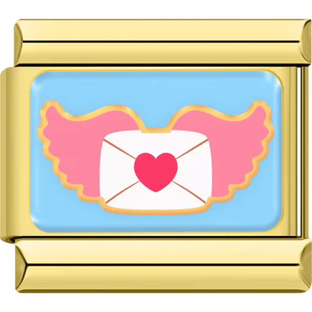 Gold Italian charm showing a white envelope with a heart seal and pink wings on a blue background.